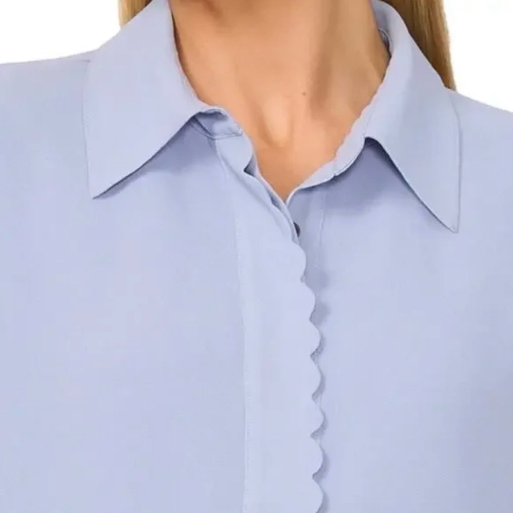 CeCe Women's Scalloped-Trim Collared Long-Sleeve Blouse in Slate Blue Size S - Picture 2 of 9